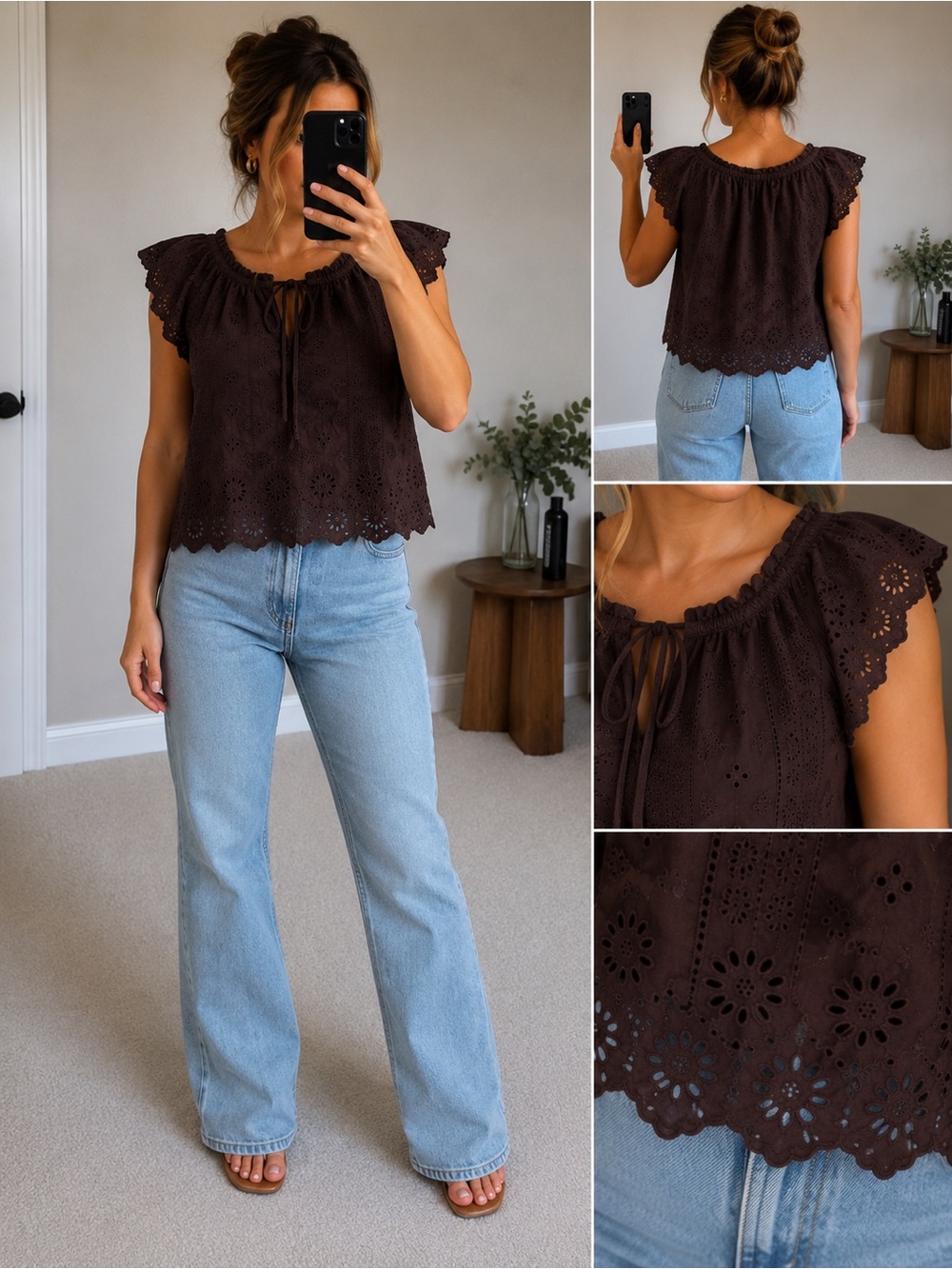 GAP Brown Eyelet Short-Sleeve Blouse